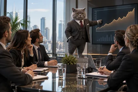 Le chat en costume qui présente les chiffres