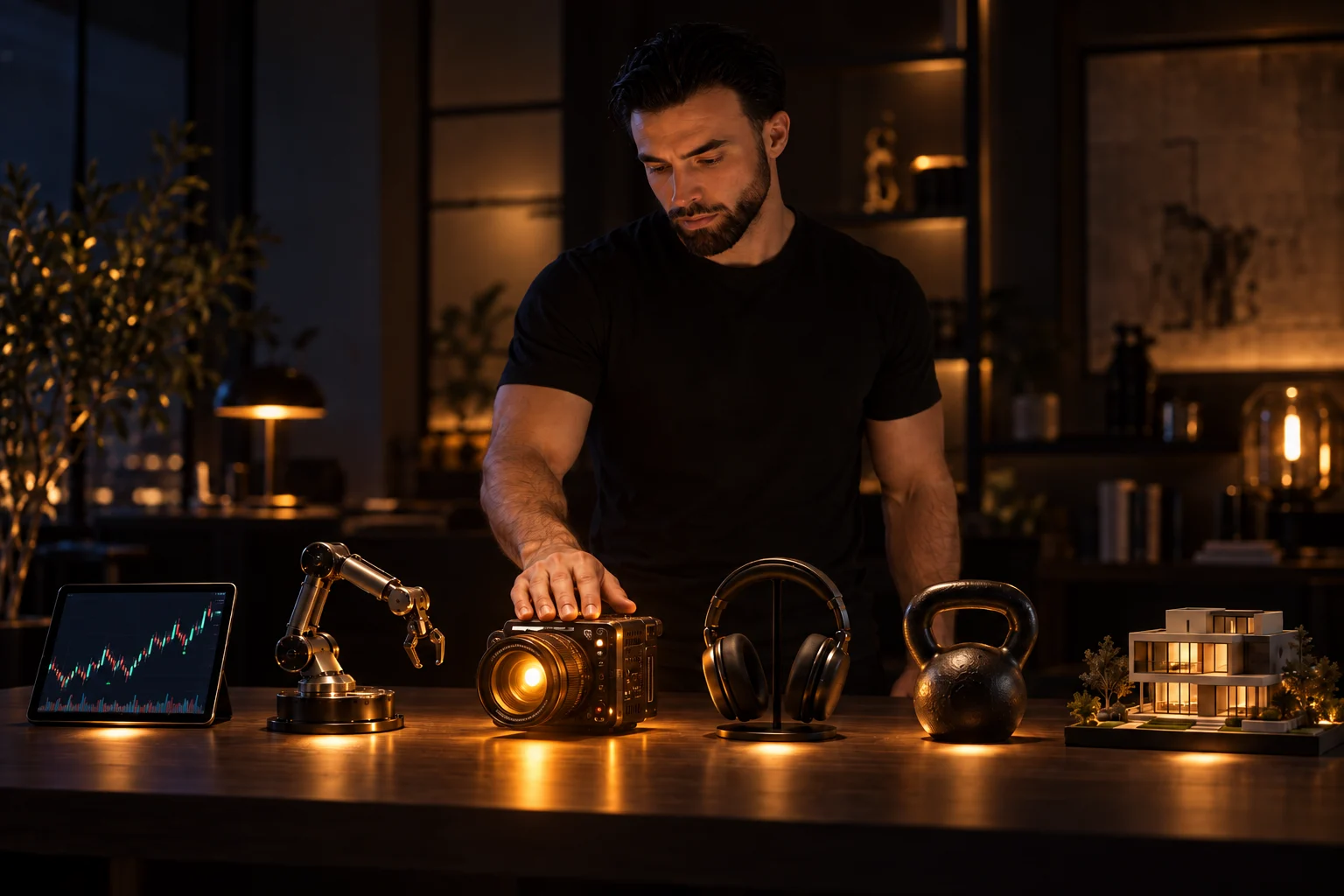 Six objets alignés sur une table, un par pôle : graphique de trading, bras robot, caméra de cinéma, casque, kettlebell, maquette de maison ; Simon pose la main sur celui qu’il choisit