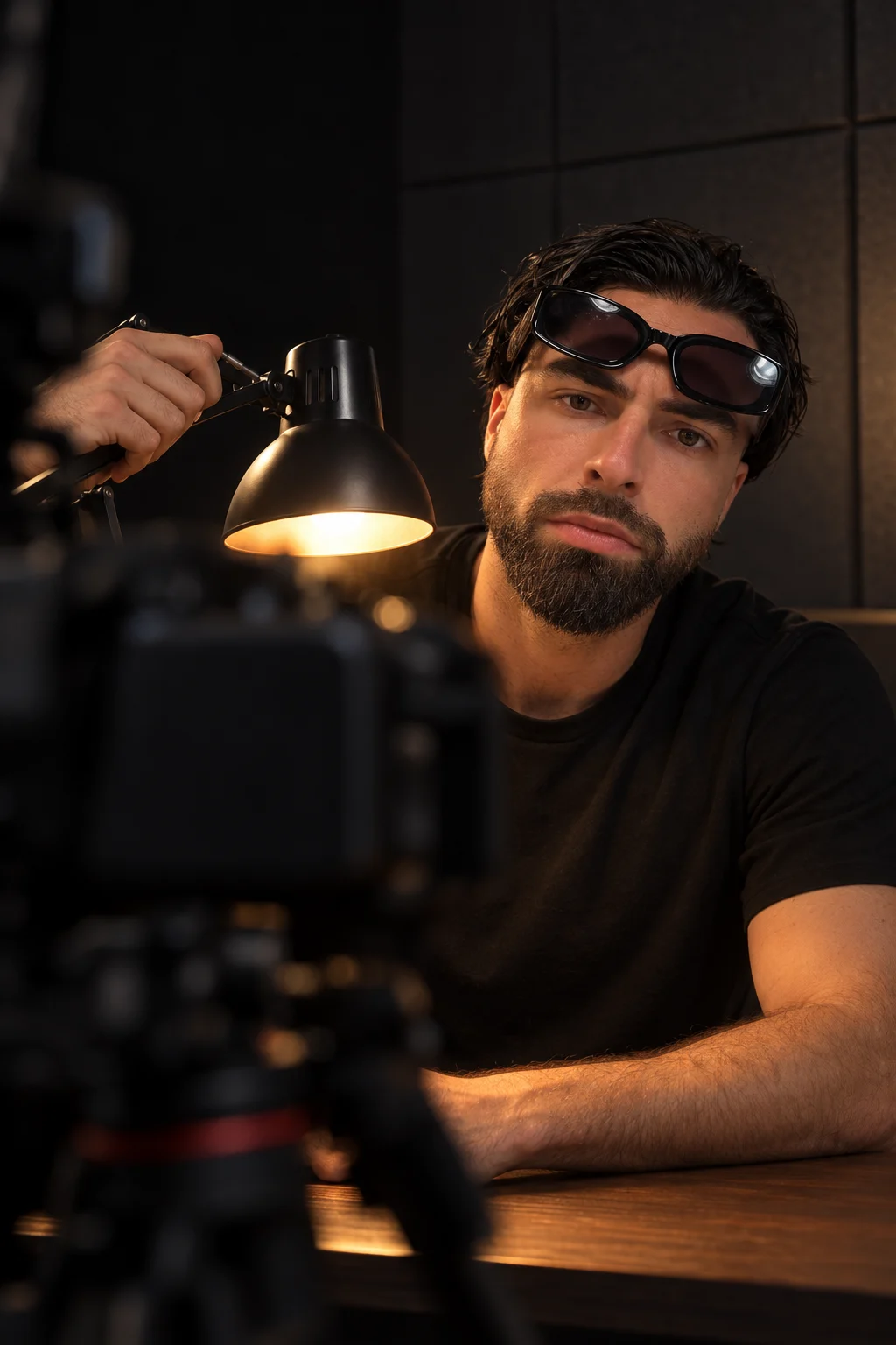 Simon allume la lampe de son studio de tournage et tourne la tête vers vous, la caméra sur trépied visée sur la chaise vide