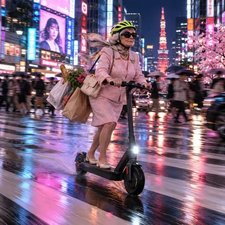 La mamie en trottinette dans les néons de Tokyo